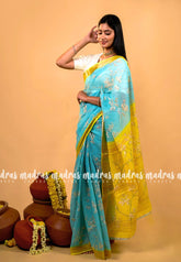Losliya Inspired Soft Linen Cotton Saree with Aqua Blue & Floral Prints